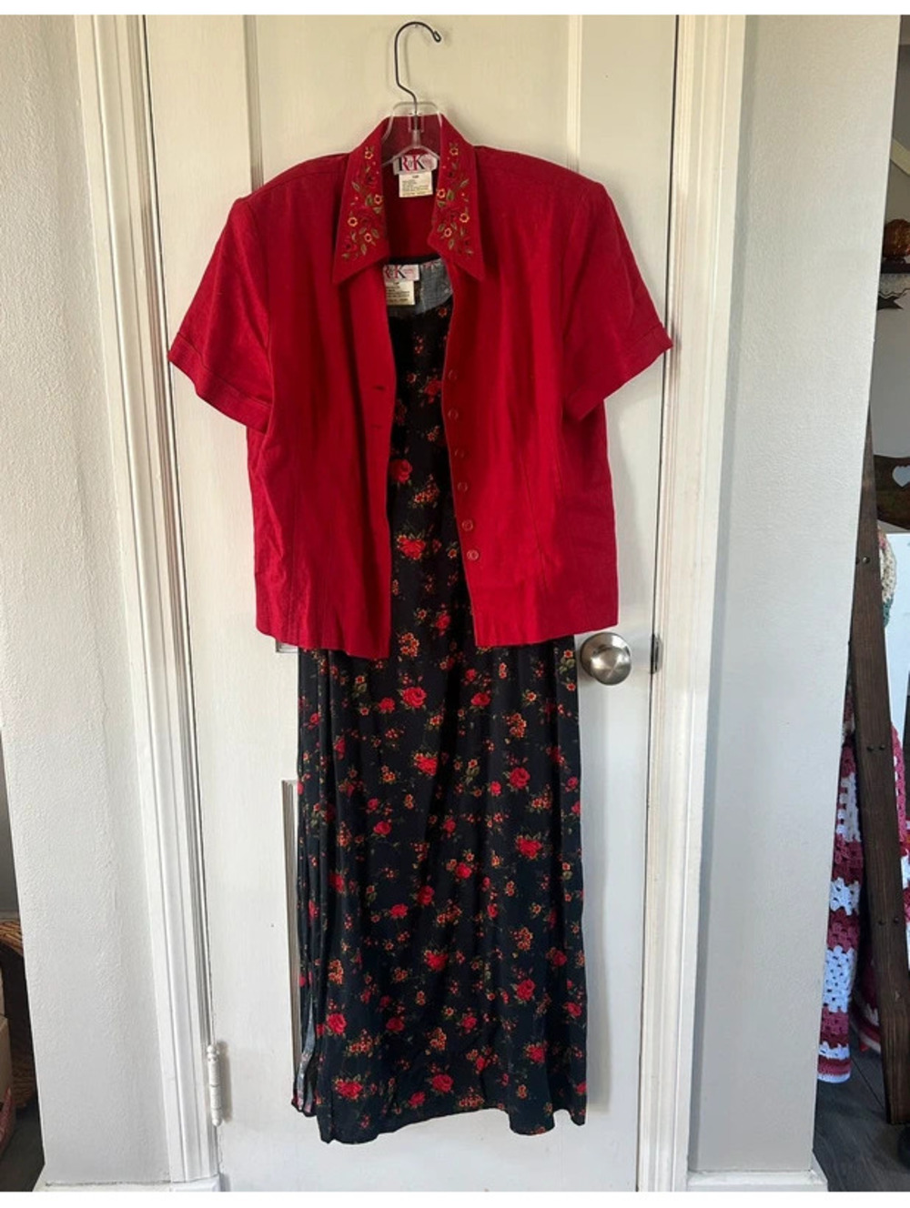 Vintage R&K Petite 2 Piece Dress Set 14P Red Embroidered Linen Floral Maxi Dress